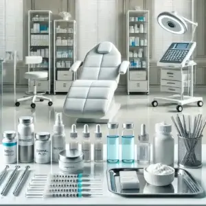 DALL·E 2024 11 18 18.21.18 A professional image featuring a cosmetic clinic setup including medical supplies like syringes dermal filler bottles and skincare products neatly