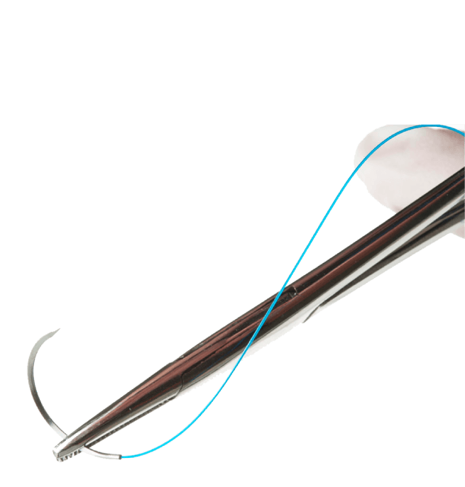 Ethicon™ curved suture needle held by needle holder with blue monofilament thread