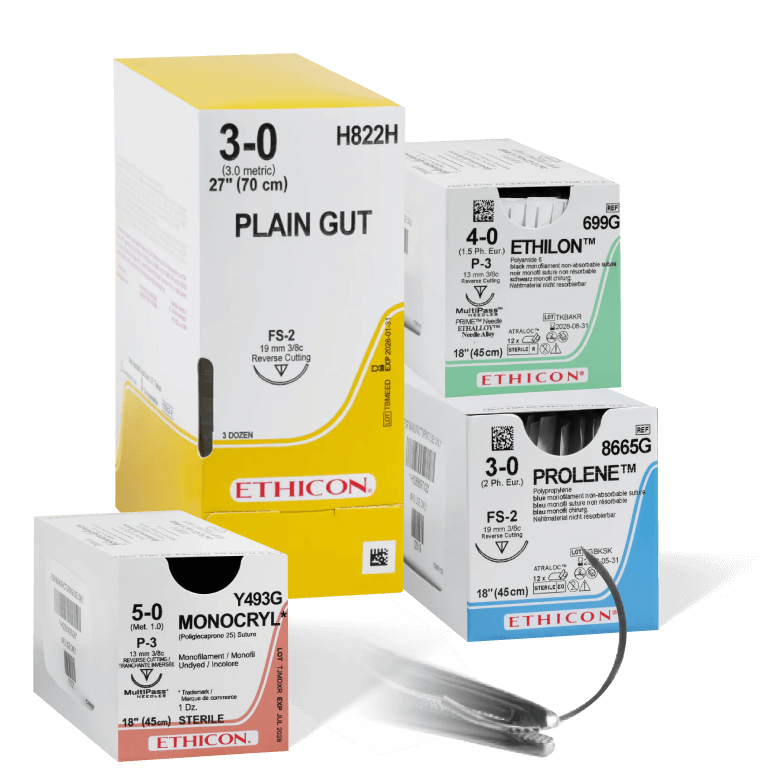 Ethicon™ Plain Gut, MONOCRYL® Plus, ETHILON™ Nylon, and PROLENE® Blue Monofilament surgical sutures