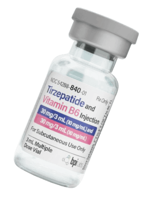 Compounded GLP-1 injection vial for clinical use, clear glass with labeled packaging.