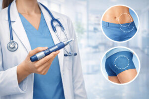 Semaglutide injection pen with illustrated GLP-1 injection sites on abdomen, thigh, and upper arm.