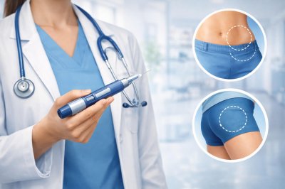 Semaglutide injection pen with illustrated GLP-1 injection sites on abdomen, thigh, and upper arm.