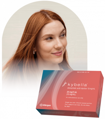 Smiling woman next to KYBELLA® (deoxycholic acid) box, FDA-approved injectable for submental fat reduction