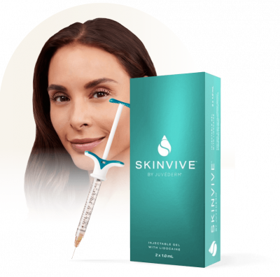 Woman with smooth skin next to SKINVIVE™ by JUVÉDERM® box and syringe, representing FDA-approved microdroplet injectable for cheek smoothness.